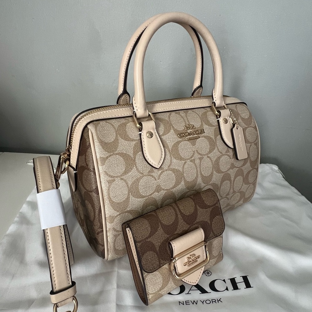 Coach Rowan Satchel Bag
In Blocked Signature Canvas And Matching Wallet